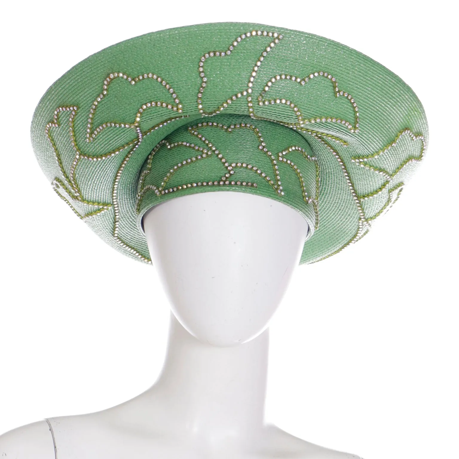 1990s Vintage Makins Green Straw Wide Brim Church Hat with Rhinestones