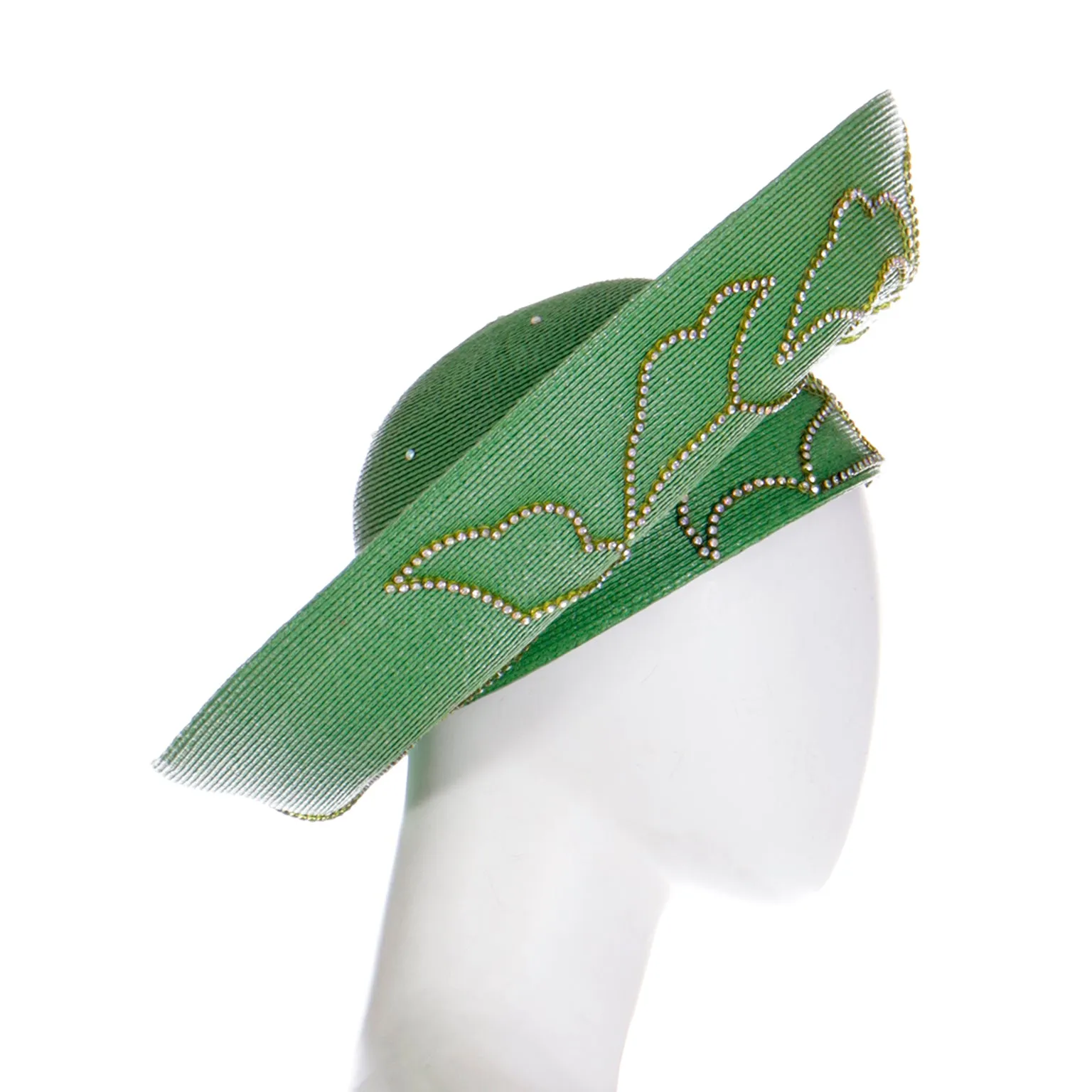 1990s Vintage Makins Green Straw Wide Brim Church Hat with Rhinestones