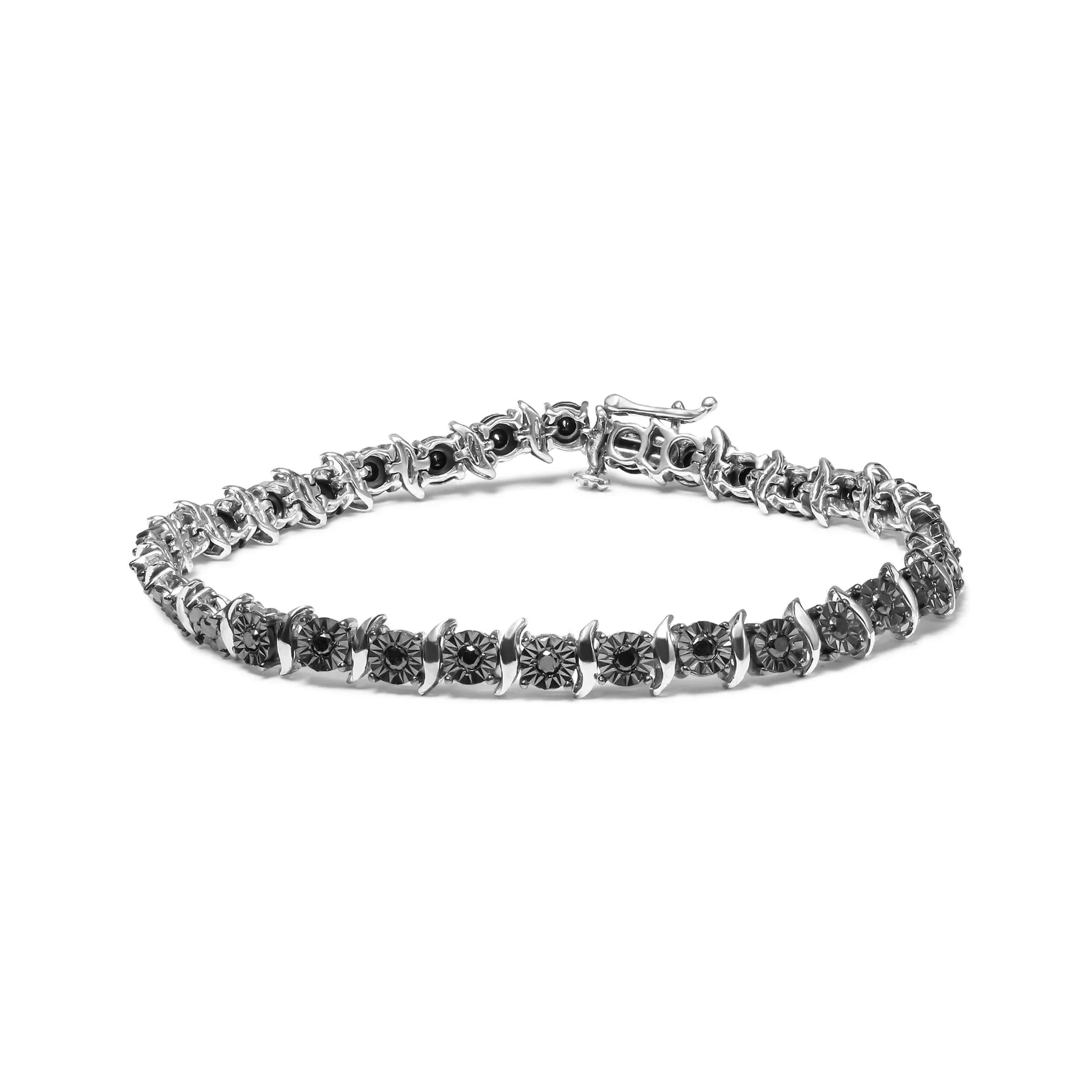 .925 Sterling Silver 1.0 Cttw Black Treated Diamond S-Curve Link Miracle-Set 7" Tennis Bracelet (Black Color, I2-I3 Clarity)