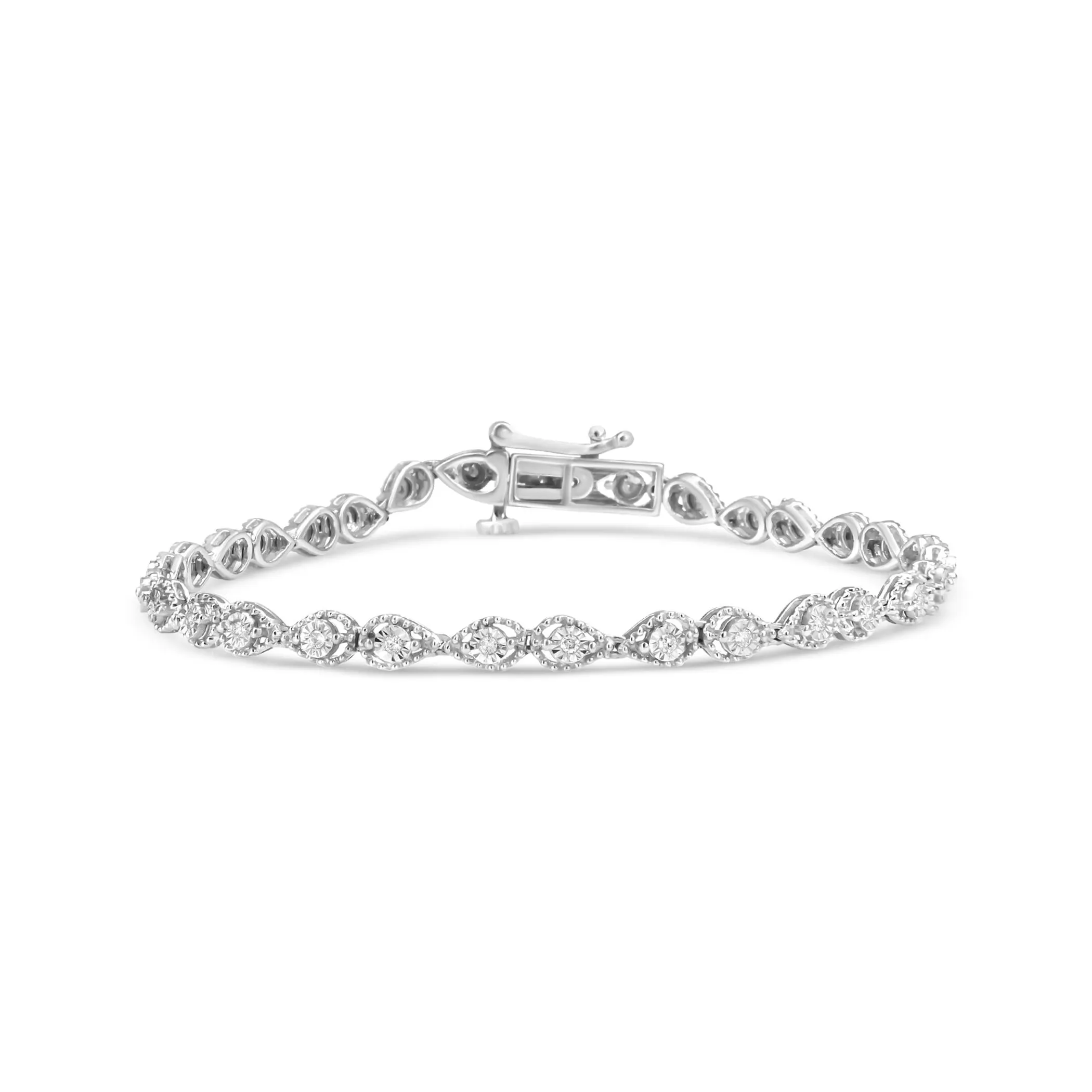 .925 Sterling Silver 1/4 Cttw Diamond Beaded Marquise Shape Link Bracelet (I-J Color, I1-I2 Clarity) - Size 7.25" Inches