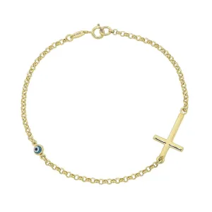 9ct Yellow Gold Silver Infused Cross & Evil Eye Bracelet