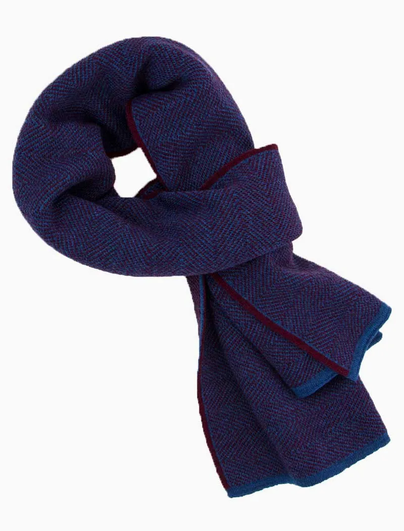 Burgundy & Blue Reversible Herringbone Knitted Wool Scarf