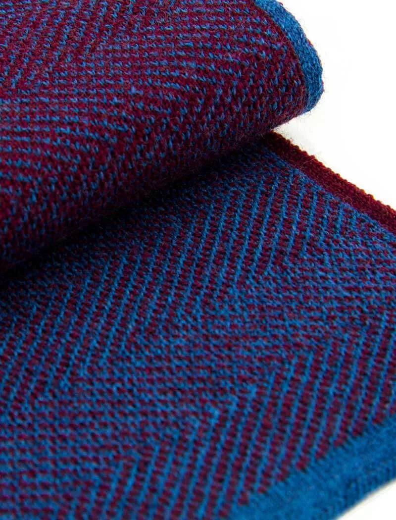 Burgundy & Blue Reversible Herringbone Knitted Wool Scarf