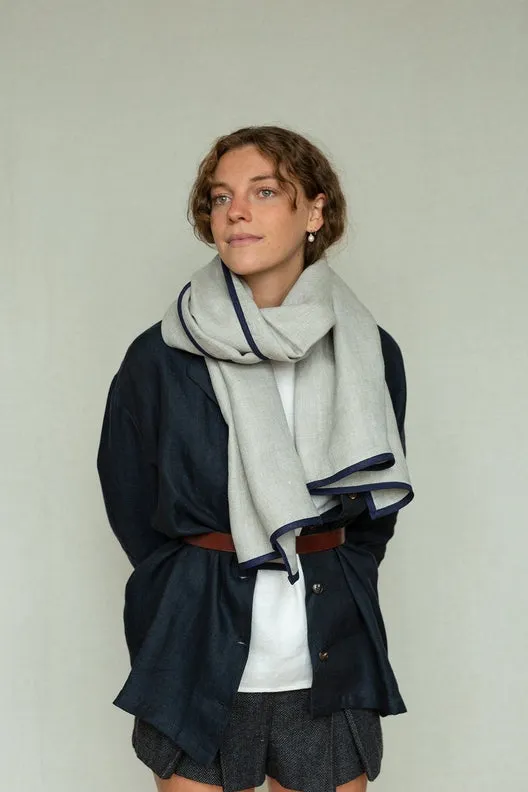 Dove Grey with Navy Trim High Five Linen Scarf