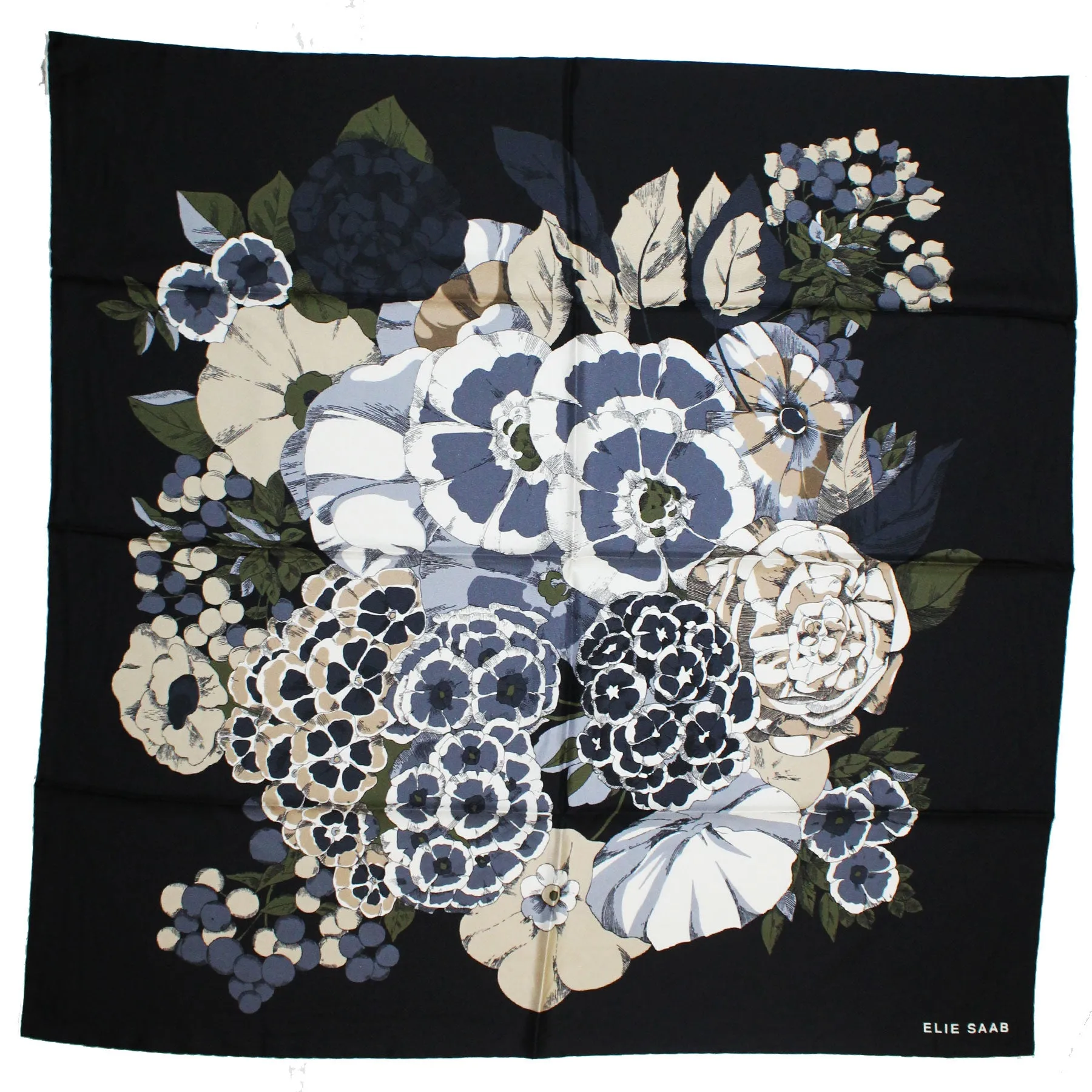 Elie Saab Scarf Gray Black Floral Design - Twill Silk Square Foulard