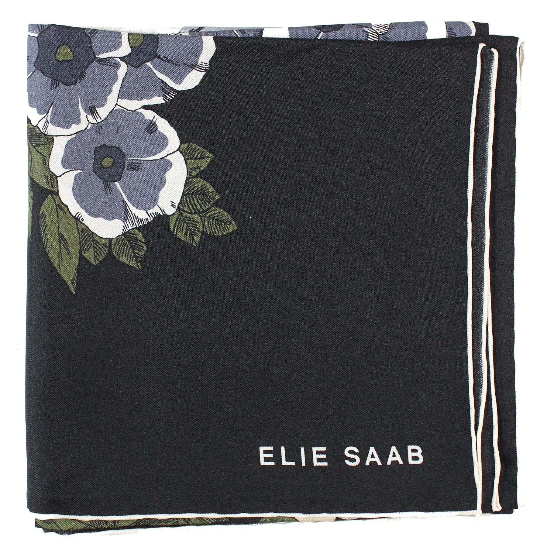 Elie Saab Scarf Gray Black Floral Design - Twill Silk Square Foulard