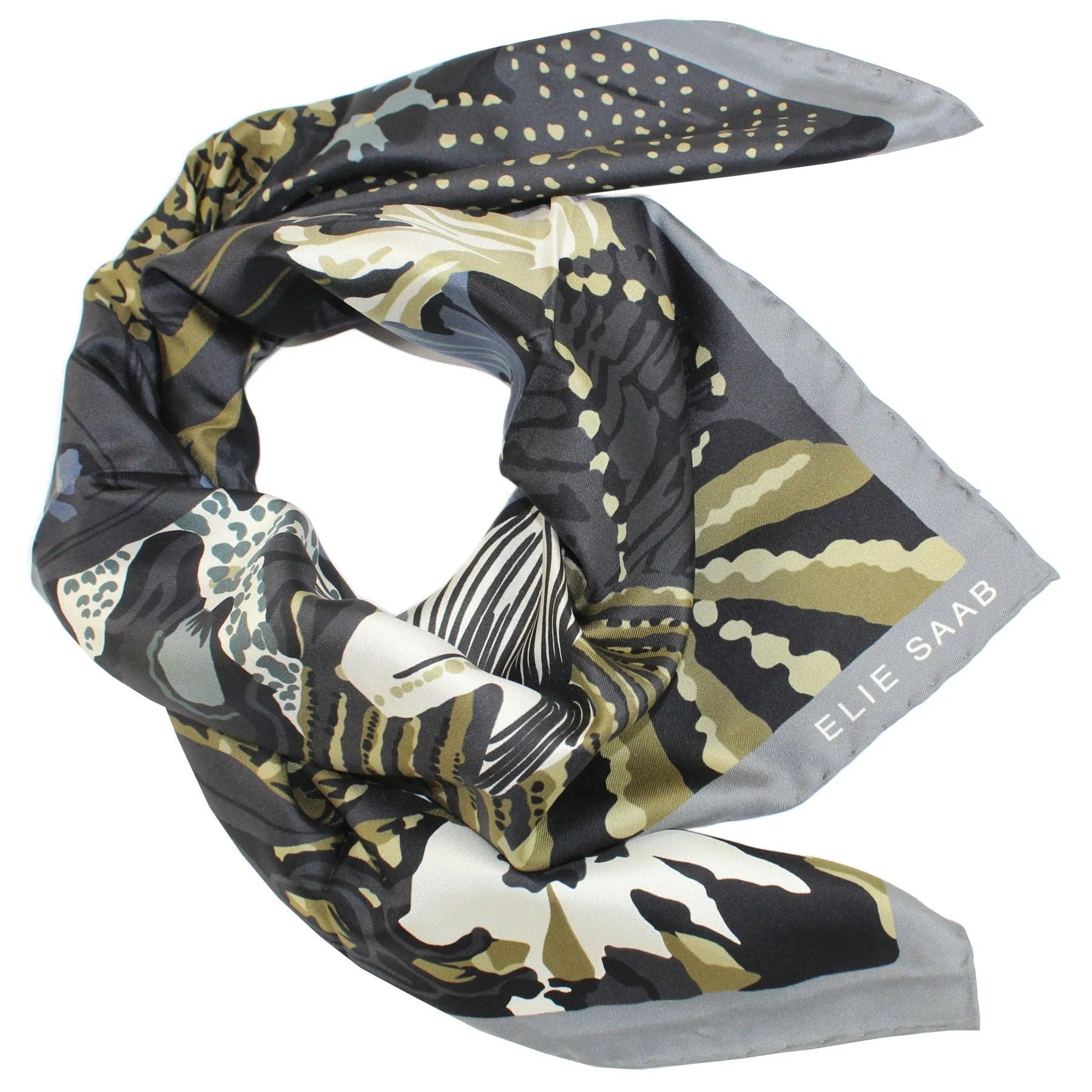 Elie Saab Silk Scarf Gray Green Floral - 36 Inch Square Twill Silk Foulard