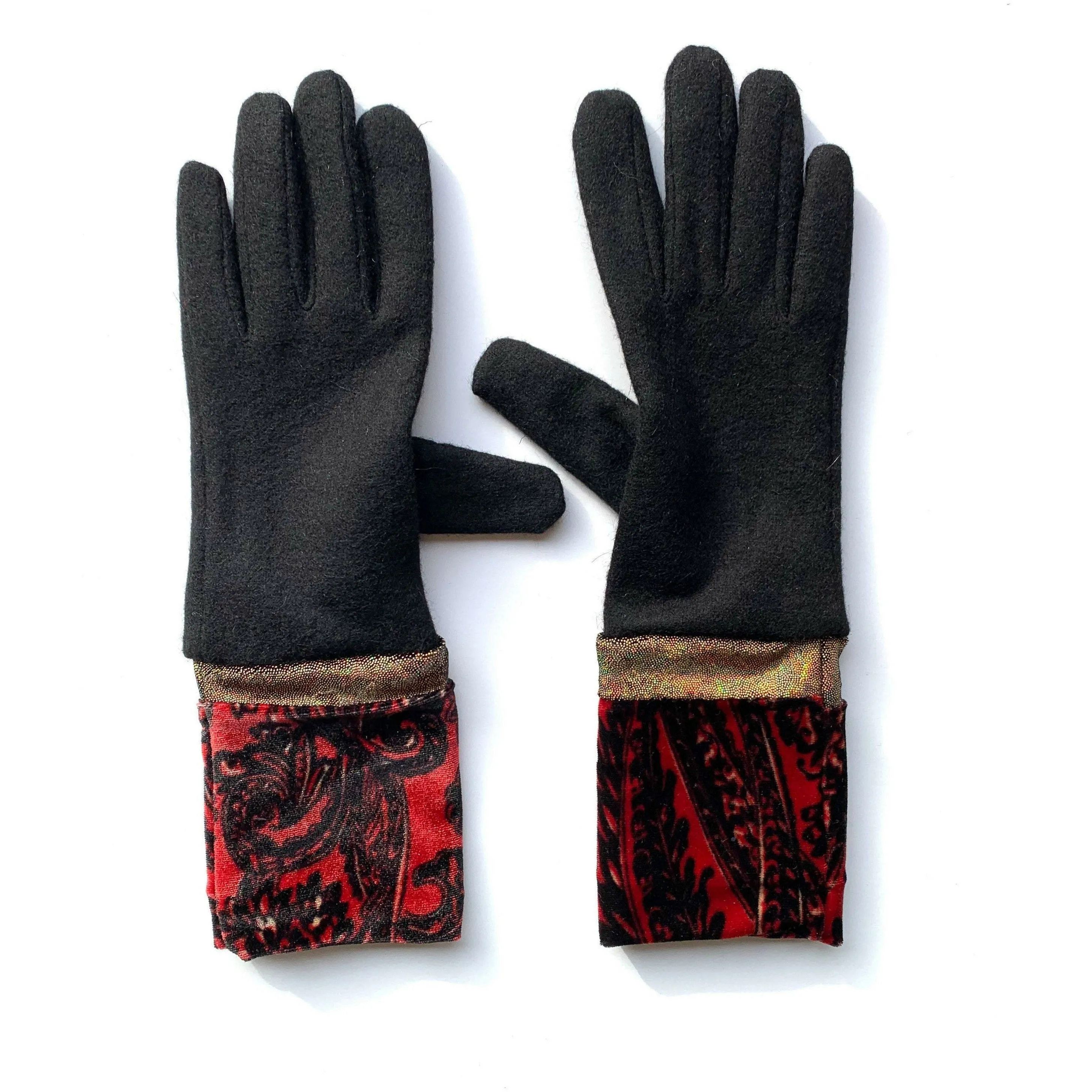 Fully lined black wool gloves in soft stretch velvet and shimmering gold. - Ew-La-La! Free shipping.