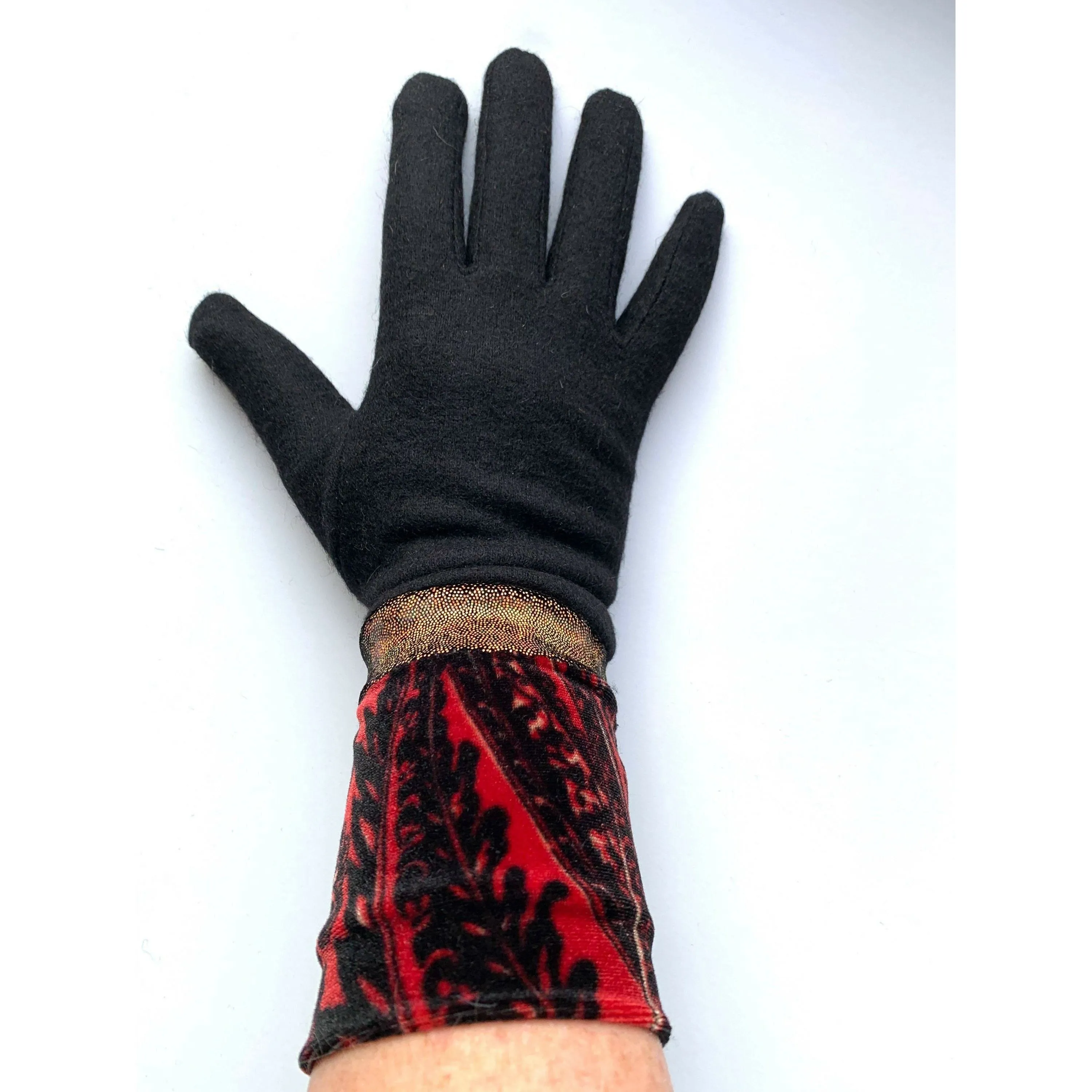 Fully lined black wool gloves in soft stretch velvet and shimmering gold. - Ew-La-La! Free shipping.