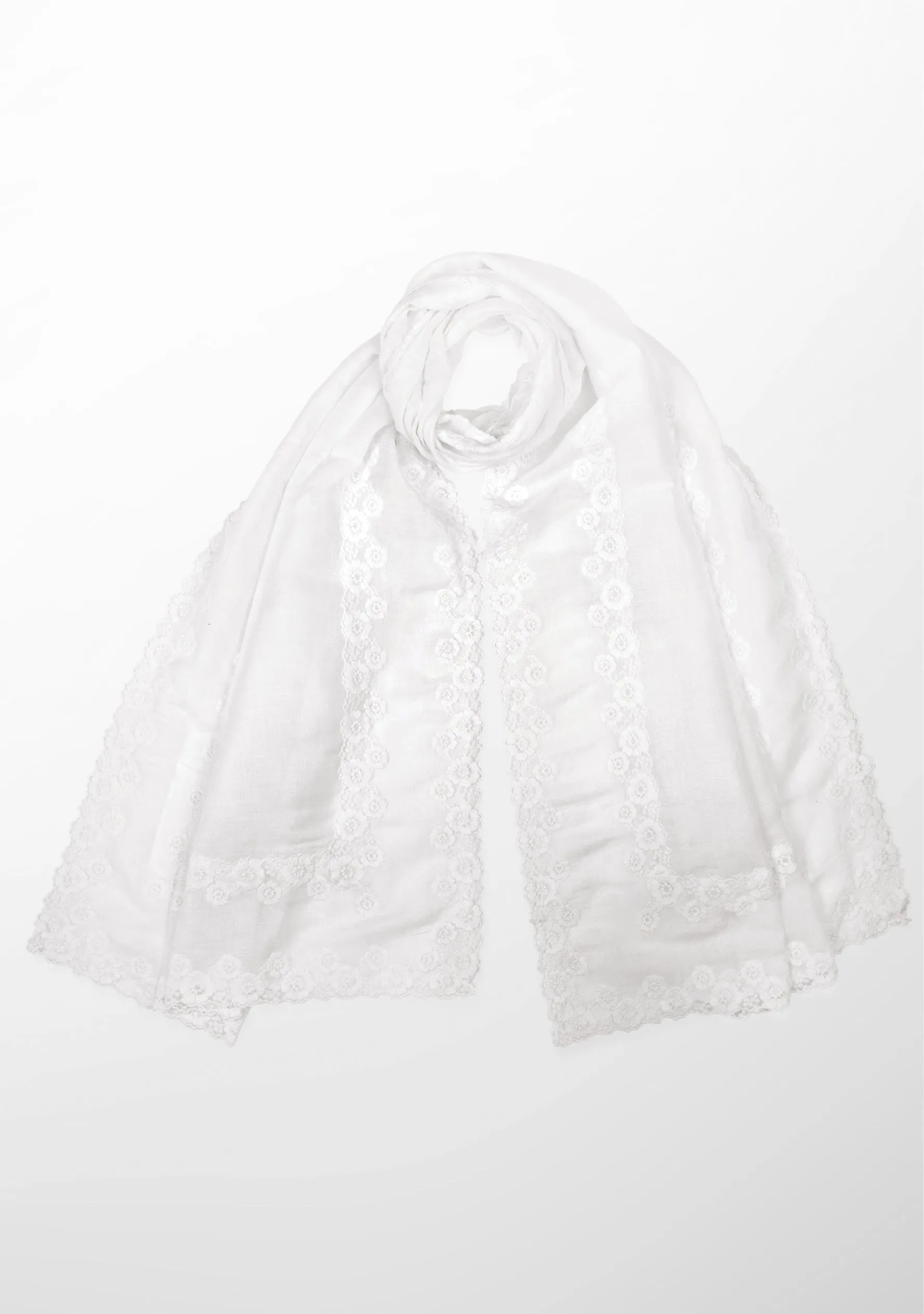 Ivory Linen and Modal Scarf with a Double White Lace Border