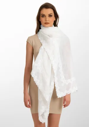 Ivory Linen and Modal Scarf with a Double White Lace Border