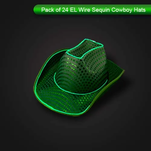 LED Flashing Green EL Wire Sequin Cowboy Party Hat - Pack of 24 Hats