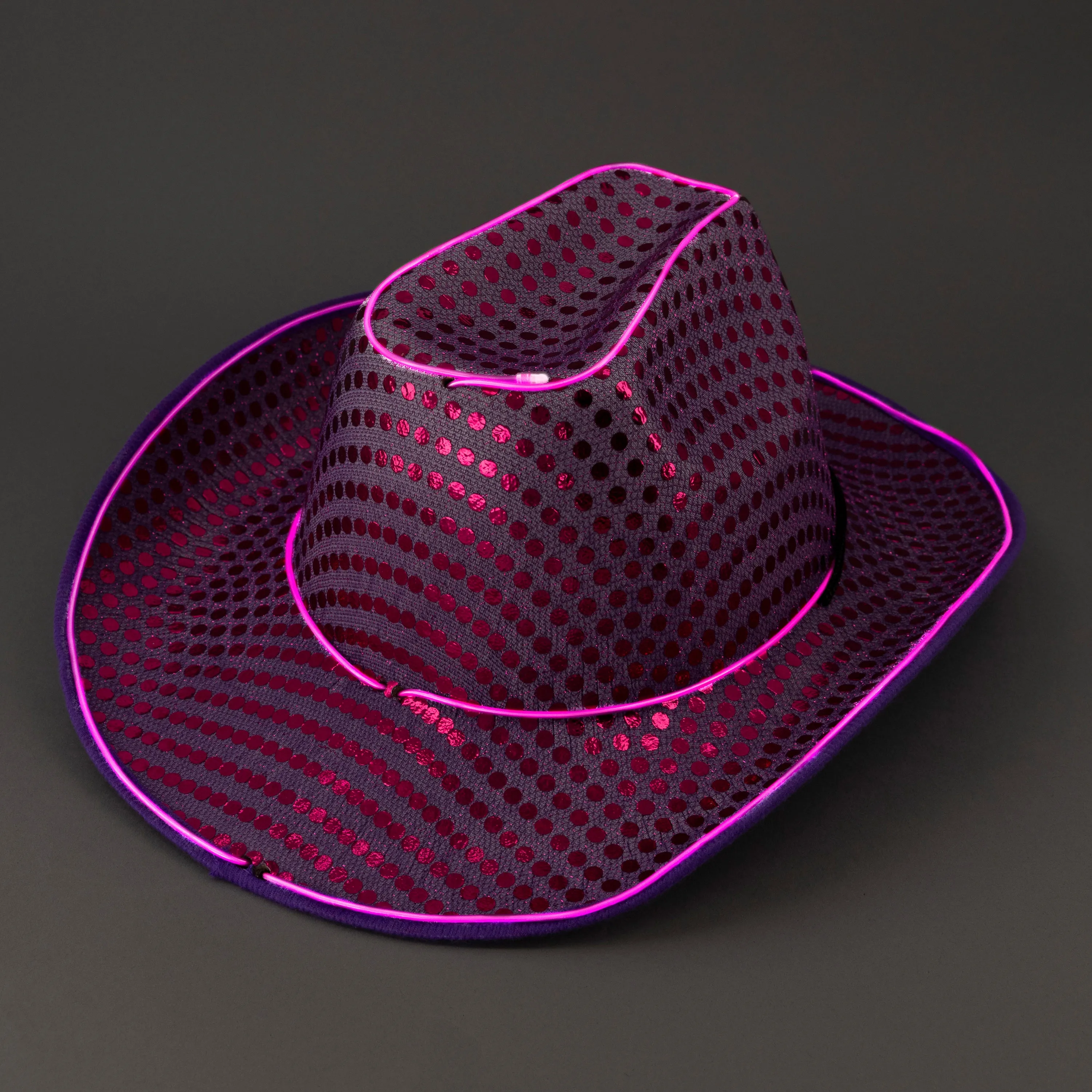 LED Flashing Purple EL Wire Sequin Cowboy Party Hat - Pack of 2