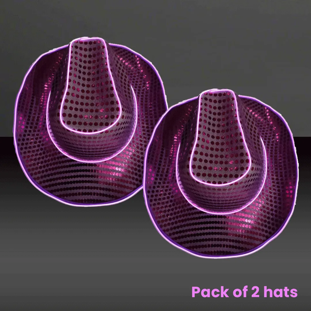 LED Flashing Purple EL Wire Sequin Cowboy Party Hat - Pack of 2