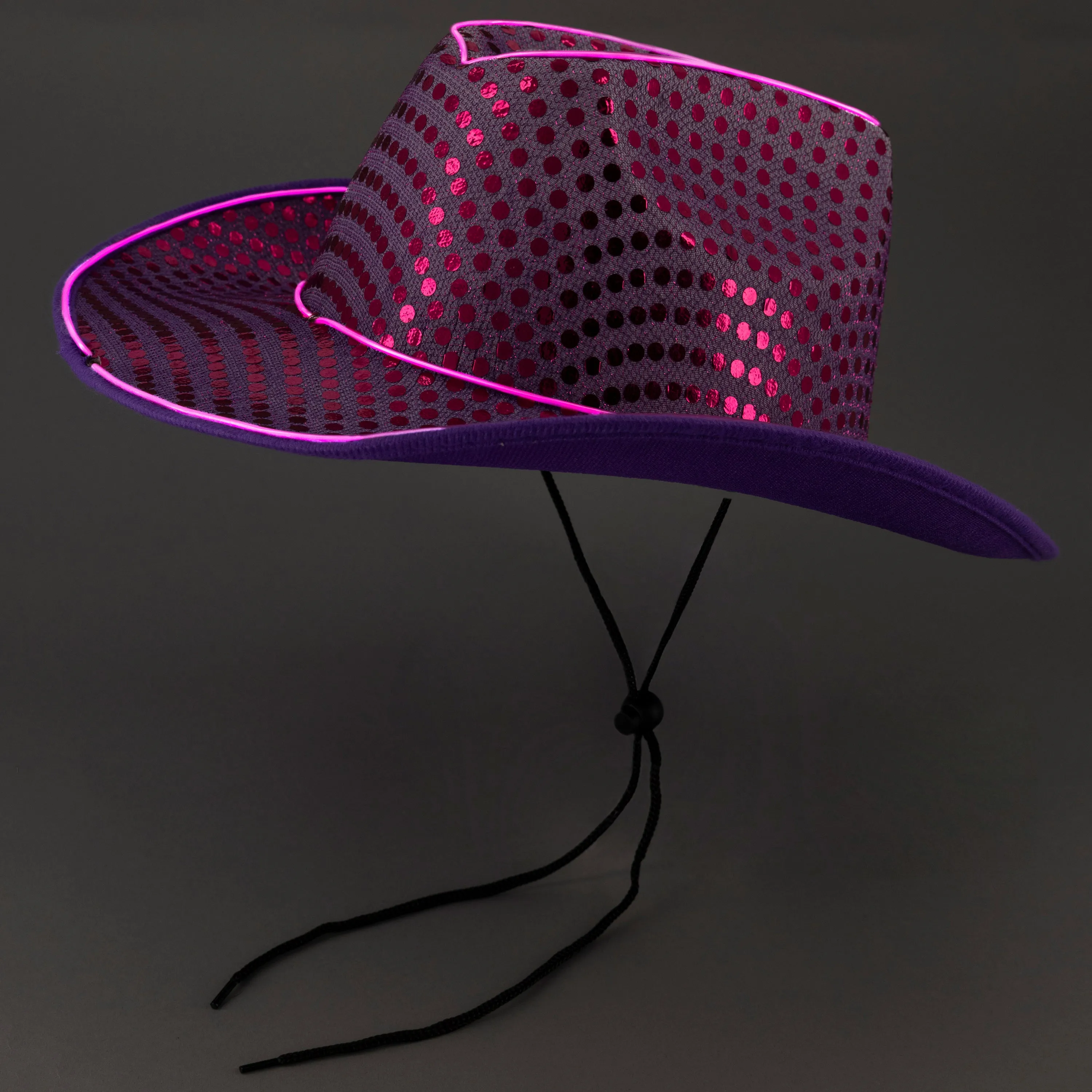 LED Flashing Purple EL Wire Sequin Cowboy Party Hat - Pack of 2