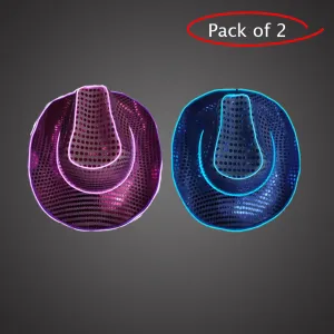 LED Light Up Flashing EL Wire Sequin Blue & Purple Cowboy Party Hat - Pack of 2 Hats