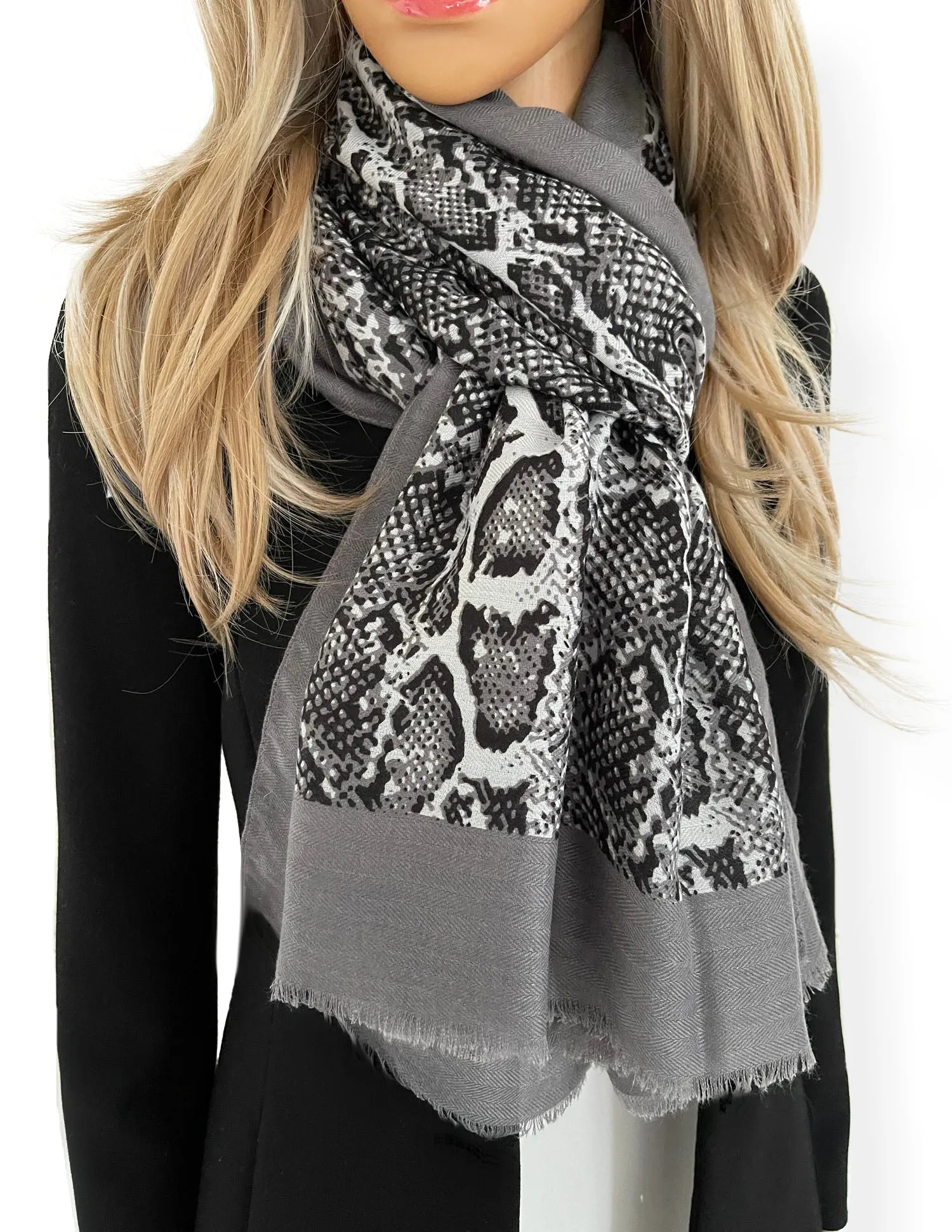 LONG GREY SNAKESKIN PRINT LIGHTWEIGHT SCARF