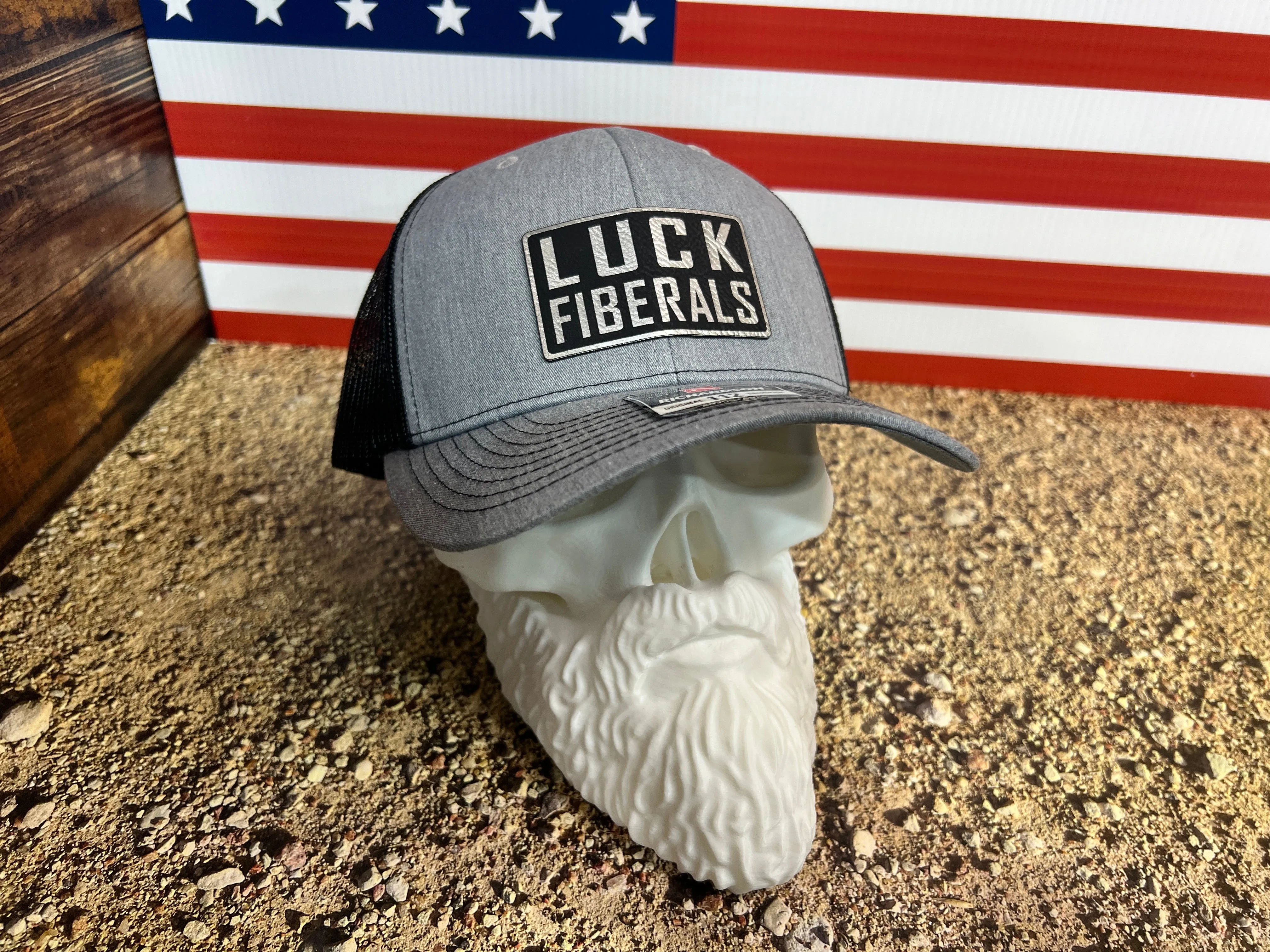 Luck Fiberals Hat with Premium Leatherette Patch on a Richardson 112 Trucker Hat with Snapback