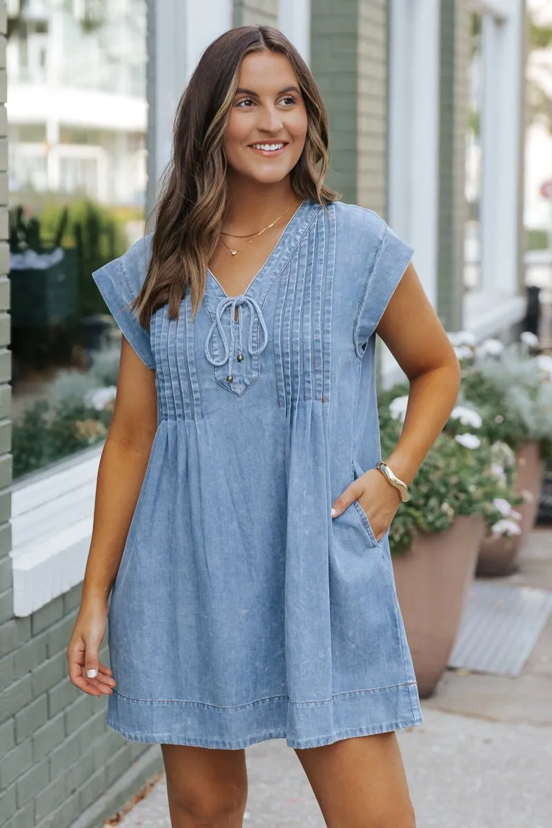 Made For You Denim Pleated Mini Dress - FINAL SALE