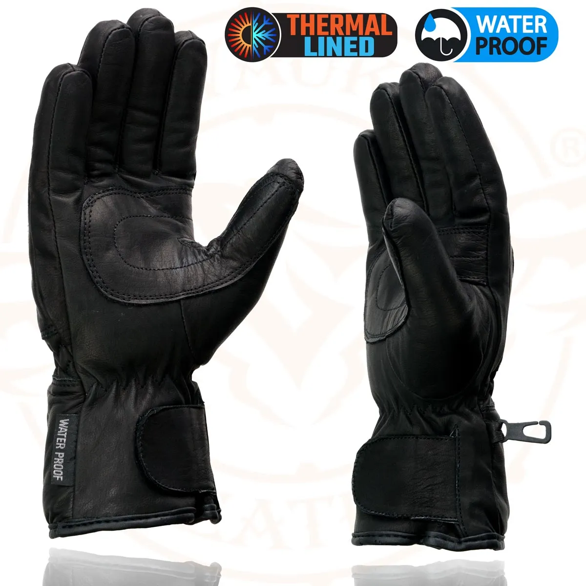 Milwaukee Leather Men's Black Gauntlet Motorcycle Hand Gloves-Black Soft Leather Waterproof Sinch Wrist Closure-SH293