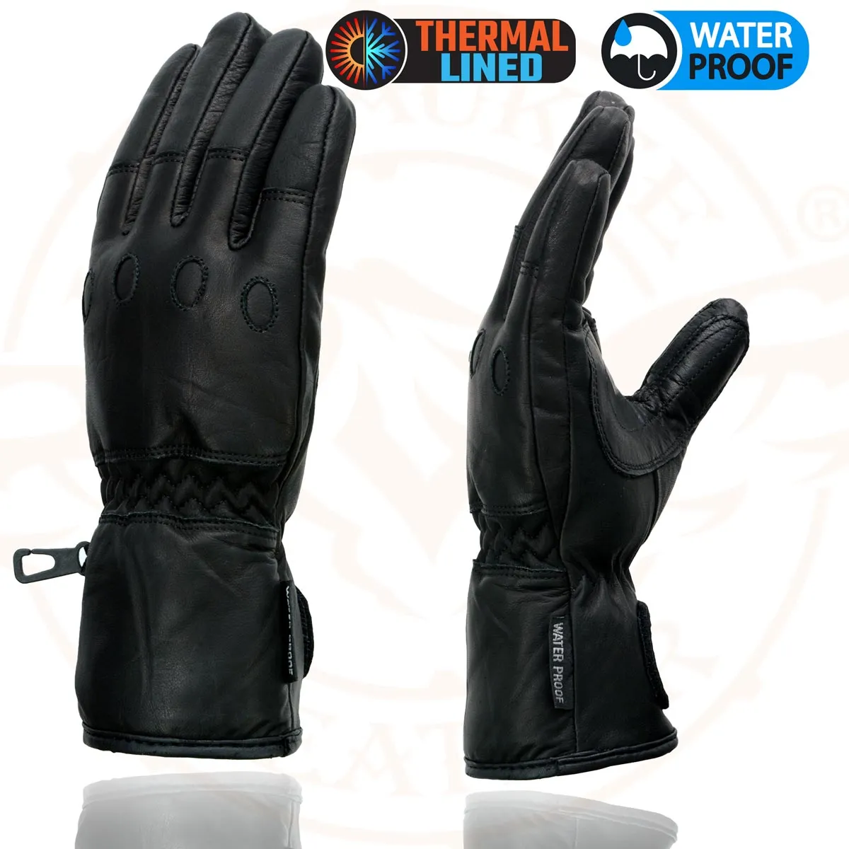 Milwaukee Leather Men's Black Gauntlet Motorcycle Hand Gloves-Black Soft Leather Waterproof Sinch Wrist Closure-SH293