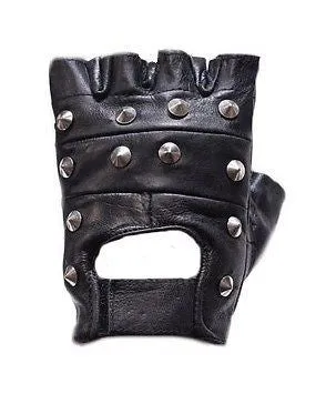 MOTORCYCLE MEN'S FINGERLESS SPIKED GLOVES VERY SOFT LEATHER WITH VELCRO STRAP