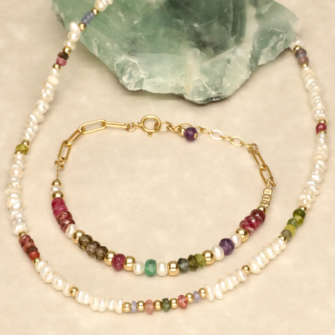 Multicolor Stone and Pearl Chunky Bracelet