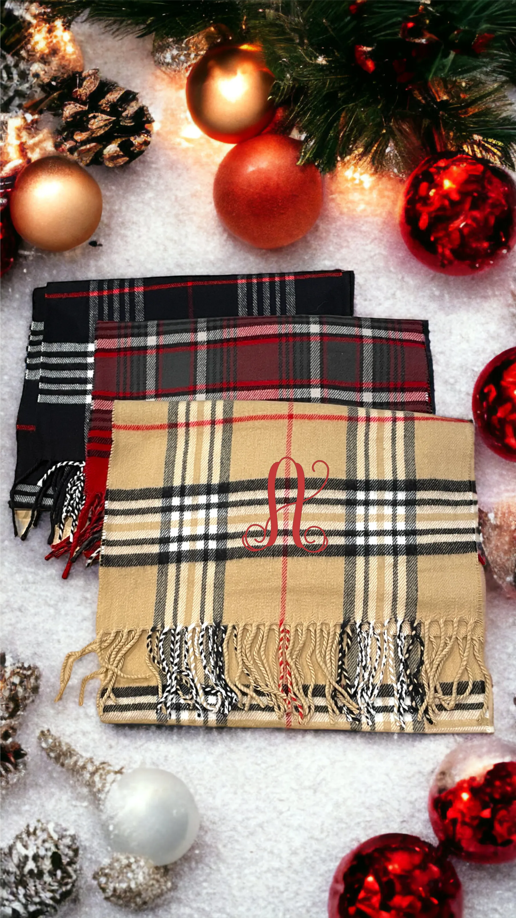 Plaid Cashmere Feel Scarves with Embroidered Single Initial