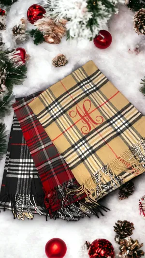 Plaid Cashmere Feel Scarves with Embroidered Single Initial