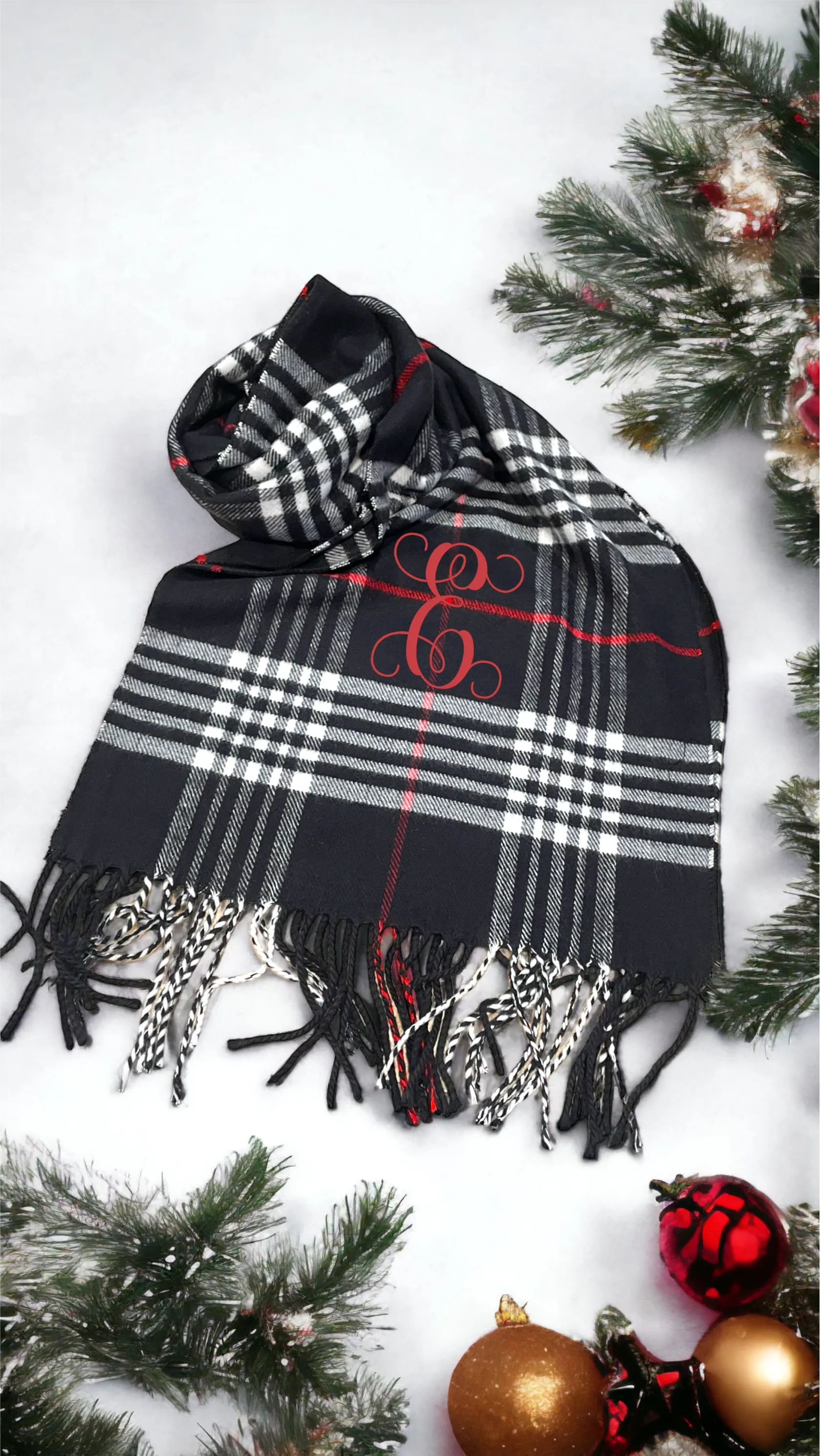 Plaid Cashmere Feel Scarves with Embroidered Single Initial