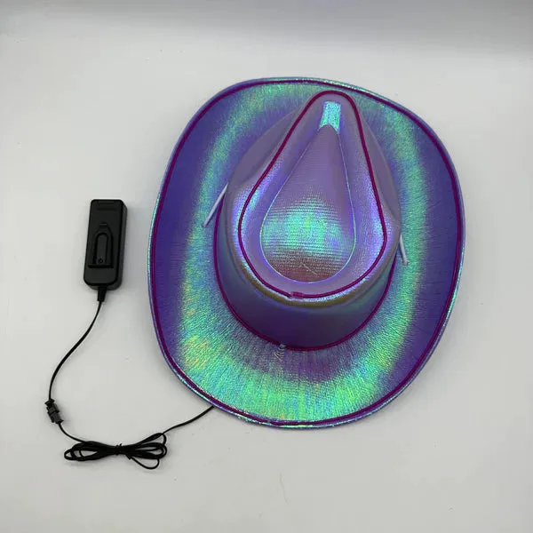 Purple EL WIRE Light Up Iridescent Space Cowboy Hat - Pack of 2 Hats