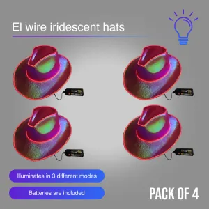 Red EL WIRE Light Up Iridescent Space Cowboy Hat - Pack of 4 Hats