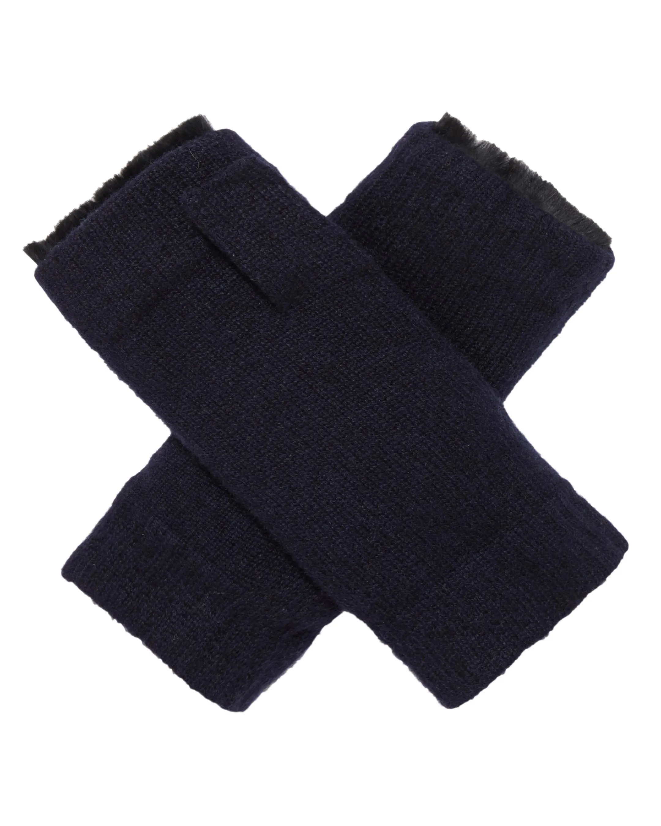 Unisex Fur Lined Fingerless Cashmere Gloves Navy Blue